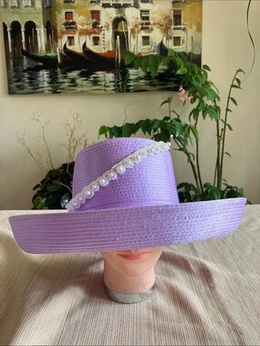 Lavender Satin Ribbon Pearl-Trim Wide Brim Women's Hat